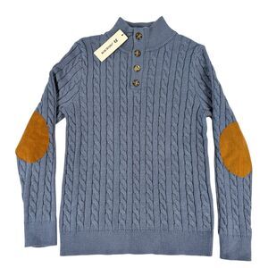 JMIERR Mens Small Cable Knit Button Mock Neck Blue Suede Elbow Patch Pullover